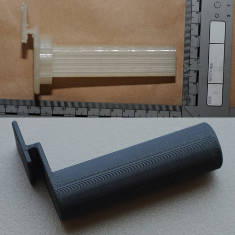3D-printed part found by Greater Manchester Police compared to Makerbot Thingiverse filament spool holder