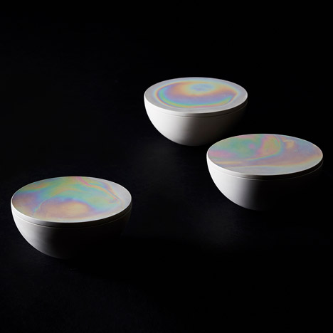 Aurora Pots with iridescent lids by Phil Cuttance