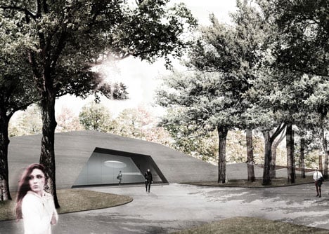 Garden of the 21st Century pavilion with spiral staircase under a park in Warsaw by Mecanoo