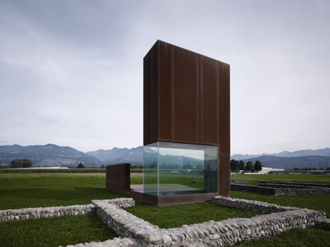 Rusty steel tower by Marte.Marte Architects frames Roman ruins in Austria
