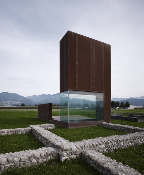 Rusty steel tower by Marte.Marte Architects frames Roman ruins in Austria
