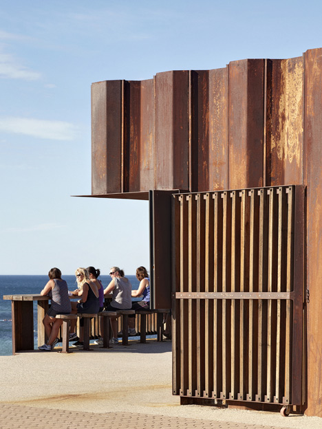 Third Wave Kiosk built from weathered steel piles by Tony Hobba Architects