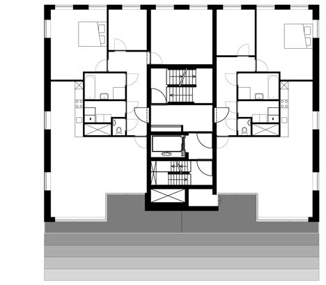 Fourteenth floor plan of Turquoise tower by NL Architects that staggers back to create sunny balconies