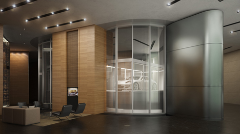 Car lift in Porsche Design Tower in Miami