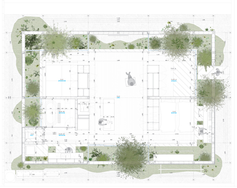 Floor plan of Green Edge House by mA-style Architects encases a perimeter garden behind its walls 