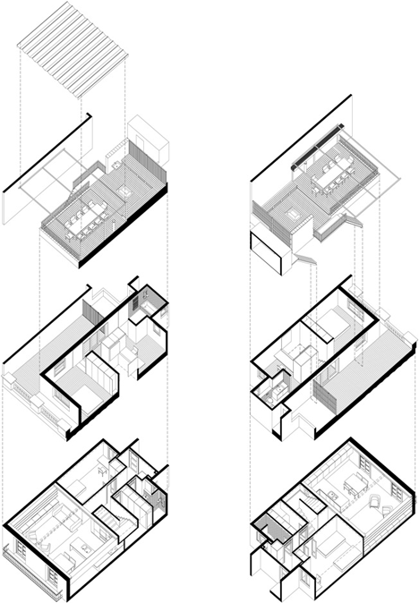 Exploded axonometric diagram of Barcelona apartment by Bach Arquitectes with colourful floor tiles arranged in stripes