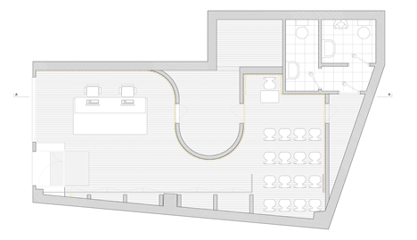 Floor plan of renovation with a different configuration of Architecture studio with a bulging wall by domohomo architects