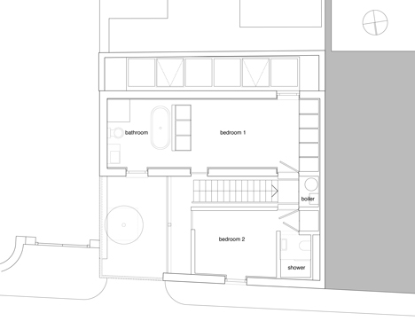 First floor plan of Blackbox mews house by Form_art Architects has brick walls that continue inside