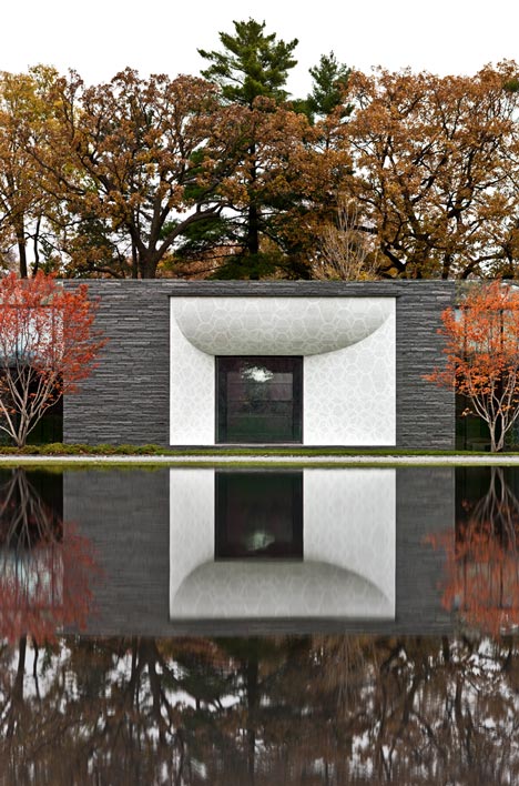 Garden Mausoleum by HGA features rough granite, white marble and gleaming onyx