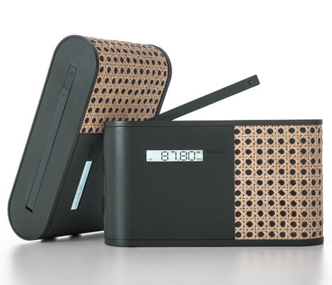 Hybrid radio wrapped in woven rattan by Mathieu Lehanneur for Lexon