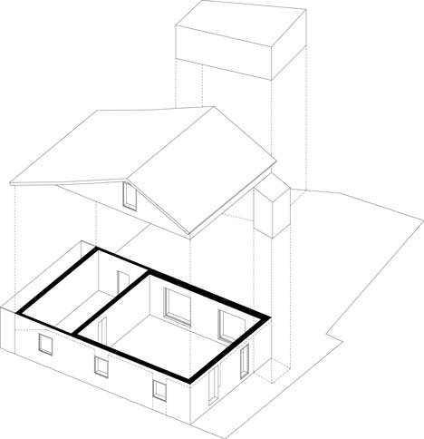 Exploded view showing process of M03 house renovation by BAST contrasts old brick base with new metal extension