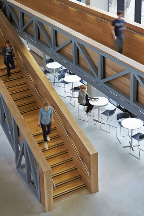 Manchester Metropolitan University art school extension with wooden stairs and bridges by Feilden Clegg Bradley Studios