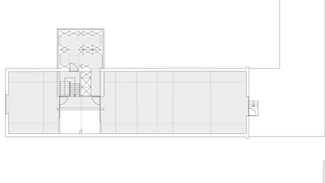 First floor plan after renovation of Community Centre Woesten by Atelier Tom Vanhee has a contrasting gabled extension