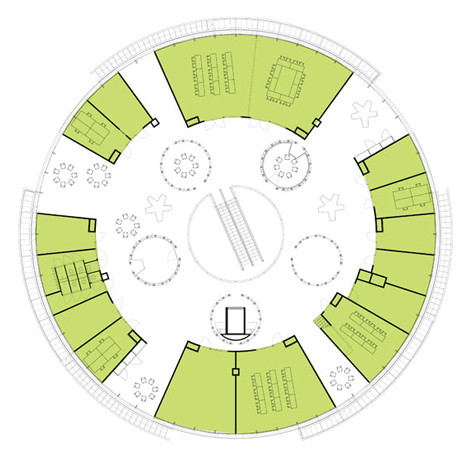 Second floor plan of Ecological university building by BDG Architects features a cylindrical facade