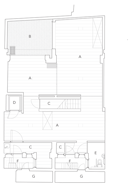 Basement plan of Edwardian townhouse renovation by Studio Octopi features windows in the floors