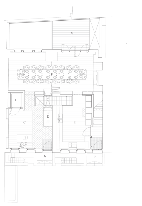 Ground floor plan of Edwardian townhouse renovation by Studio Octopi features windows in the floors