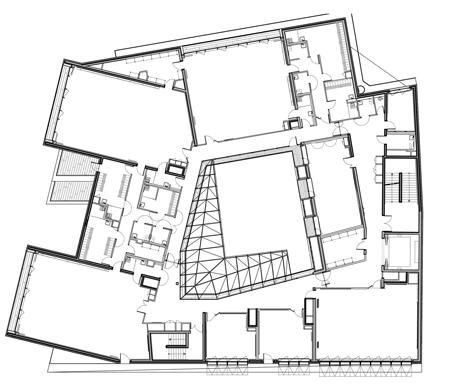Second floor plan of Music conservatory in Paris with cantilevered studios by Basalt Architecture