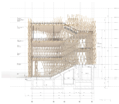 Section of SunnyHills cake shop by Kengo Kuma encased within intricate timber lattice
