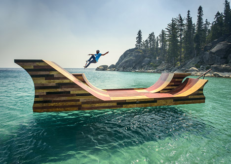 Floating skateboard ramp on Lake Tahoe by Jeff Blohm and Jeff King