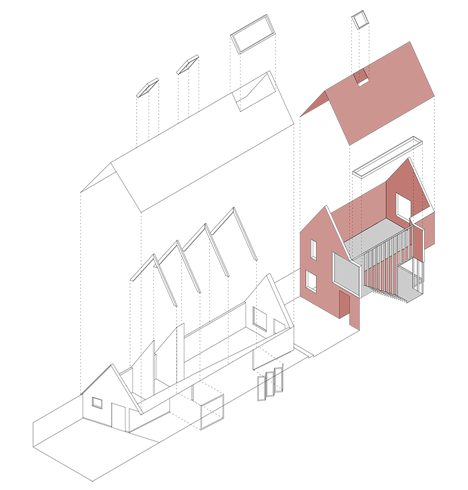 Exploded axonometric diagram of School gatehouse built on a strict budget by Jonathan Tuckey Design