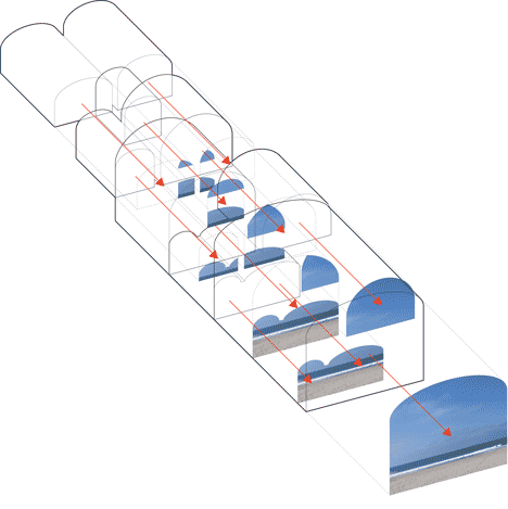 3D diagram showing the house design of Johnston Marklee's Vault House frames beach views through multiple arches