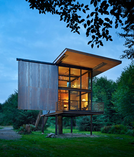 The Sol Duc Cabin has a sliding steel exterior 