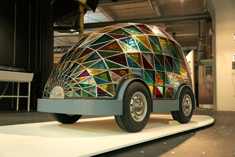 Stained Glass Driverless Sleeper Car of the Future by Dominic Wilcox for Dezeen and Mini Frontiers at London Design Festival
