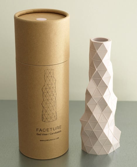 Faceture bud vase/candleholders are packaged in a neat cardboard tube