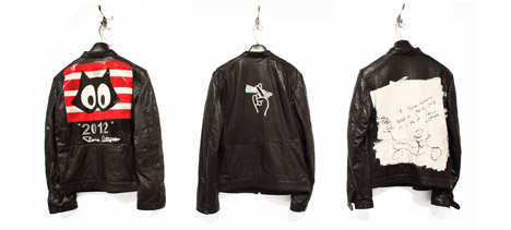 Ronnie Cutrone, Leather Biker Jacket, 2010. Lee Quinones, Leather Biker Jacket, 2010.  Nate Lowman, Leather Biker Jacket, 2010. Left: Ronnie Cutrone Middle: Lee Quinones Right: Nate Lowman Courtesy Of The Andy Warhol Museum, Pittsburgh