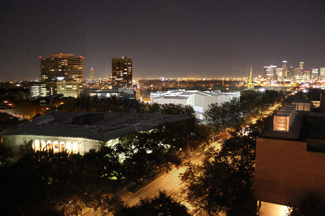Aerial night view of the Fayez S. Sarofim Campus