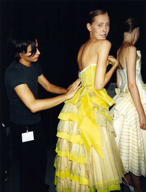 Olivier Theyskens Spring Summer 2002. Backstage photograph by Gauthier Gallet, 2001