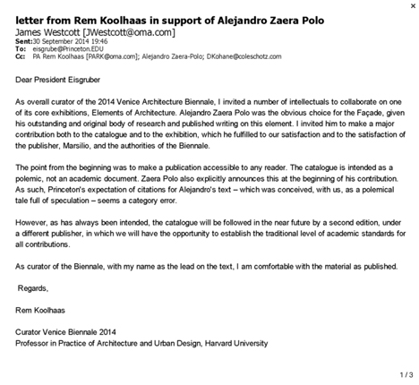 Rem Koolhaas email to Princeton president Christopher Eisgruber in support of Alejandro Zaera-Polo