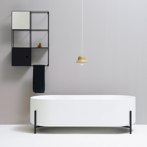 Felt shelf, Hat lamp, and Stand bathtub and basin by Norm Architects for Ex.T
