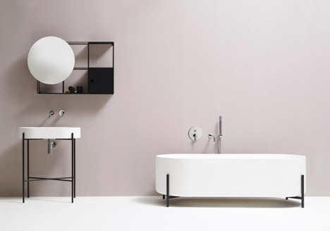 Felt shelf, Hat lamp, and Stand bathtub and basin by Norm Architects for Ex.T