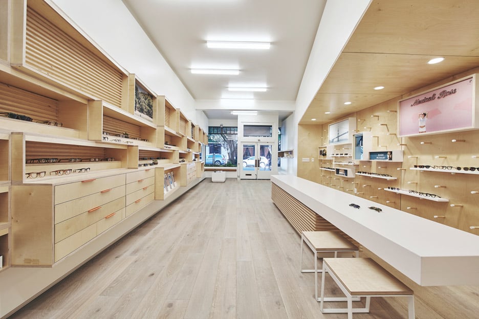 West of West pairs plywood with white surfaces for San Francisco eyewear store