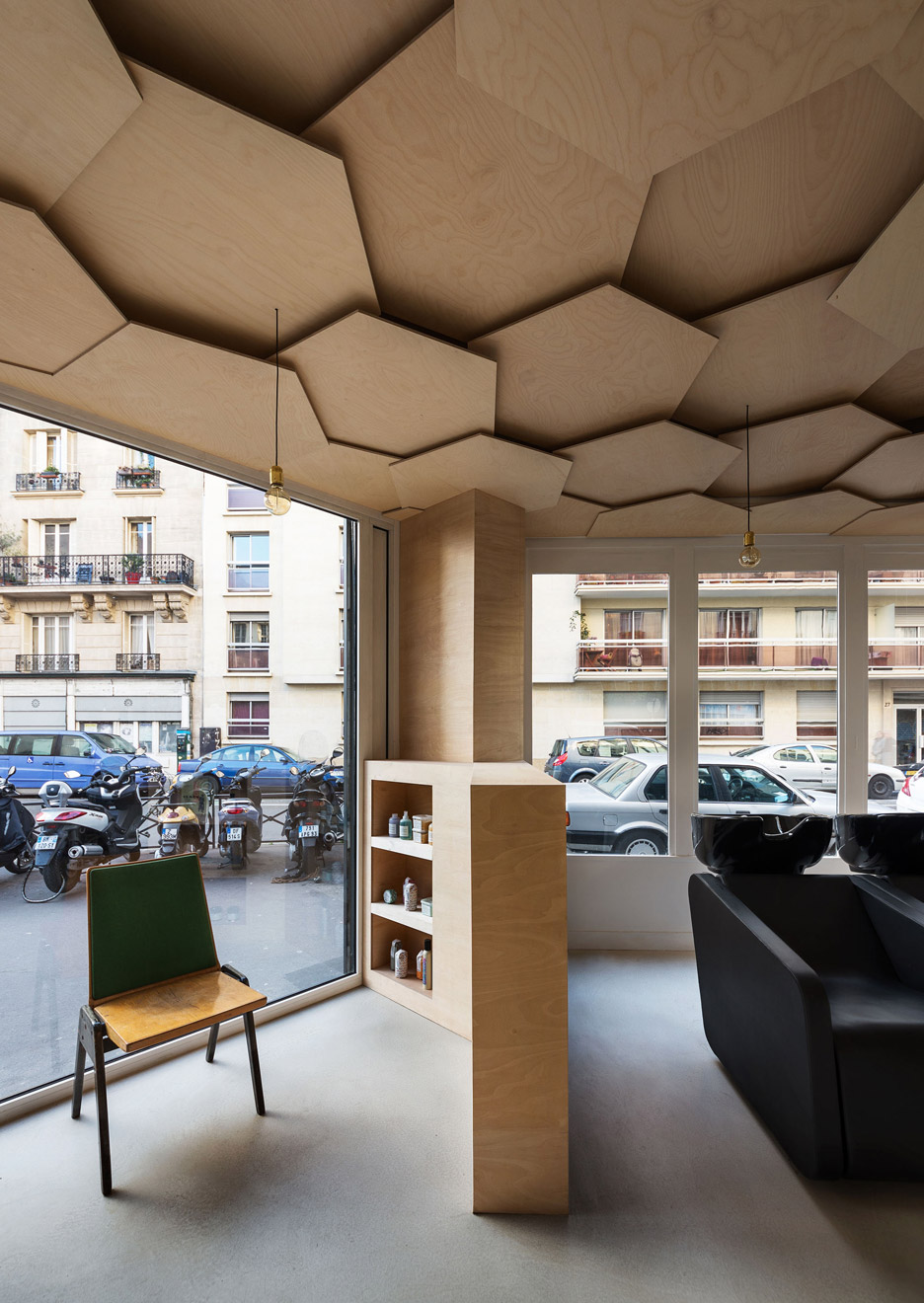 Joshua Florquin adds hexagonal-patterend ceiling to Les Dada East hair salon in Paris