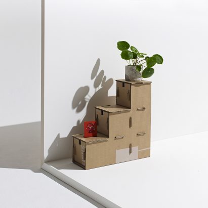 Revaz Berdzenishvili repurposes Samsung Eco-Package box to create stepped storage unit