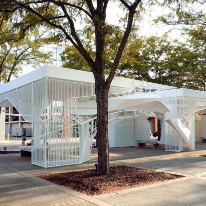 Oyler Wu Collaborative repurposes Eero Saarinen bank teller canopies for installation