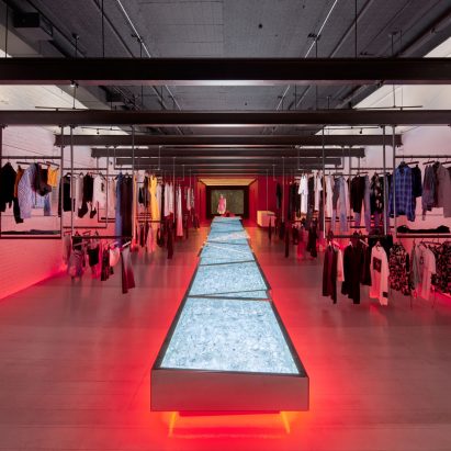 RtA NYC store by Dan Brunn features broken crystal and red fitting rooms