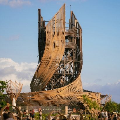 Arthur Mamou-Mani creates rattan viewing tower for AI light show in Bali