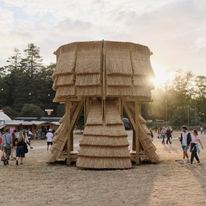 Cella Collective and Mitre & Mondays cloak tower with thatched walls at Houghton Festival