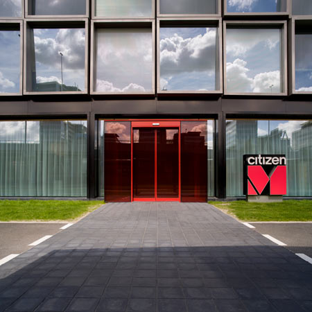 CitizenM is a hotel made of prefabricated room modules at Schiphol Airport, Amsterdam, designed by Dutch architectural firm Concrete.