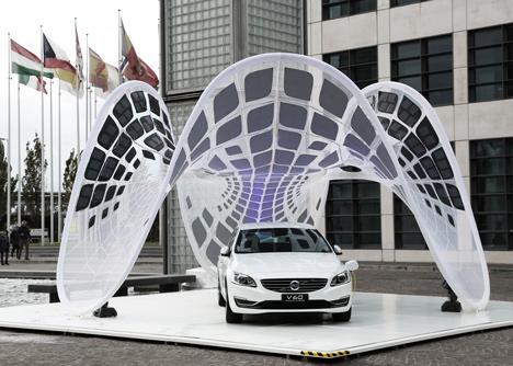 Volvo Pure Tension Pavilion that charges an electric car by Synthesis Design + Architecture