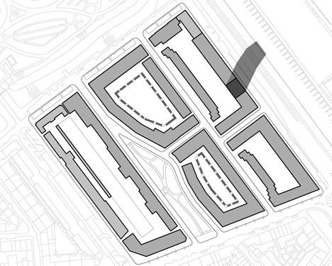 Site plan of Turquoise tower by NL Architects that staggers back to create sunny balconies