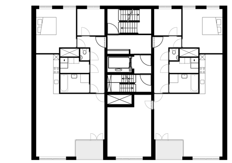 Second to seventh floor plan of Turquoise tower by NL Architects that staggers back to create sunny balconies