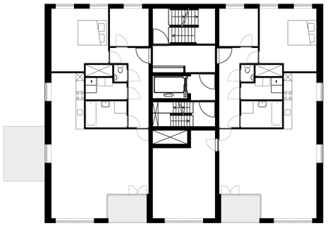 Eighth floor plan of Turquoise tower by NL Architects that staggers back to create sunny balconies