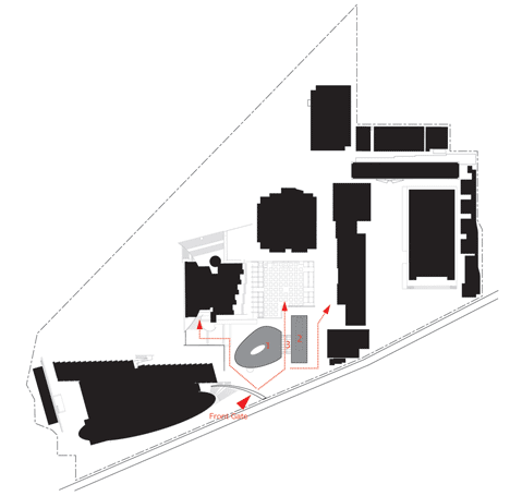 Site plan of Blob-shaped silver building contrasts with a red tower at Japanese music college