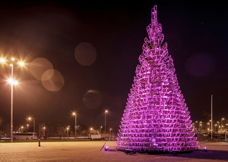 Christmas tree made from sledges that will be donated to children's charity 