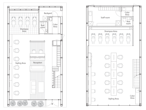 Ground and first floor plans of Hairdo by Ryo Matsui Architects