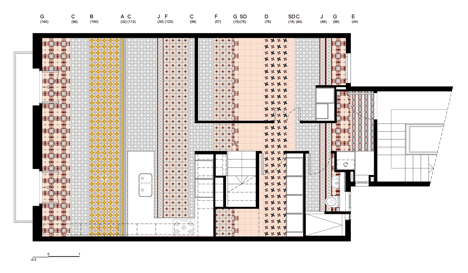 Floor plan of Barcelona apartment by Bach Arquitectes with colourful floor tiles arranged in stripes